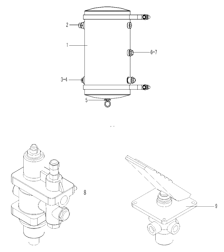 AIR RESERVOIR,BRAKE CONTROL VALVE,AIR DRYER